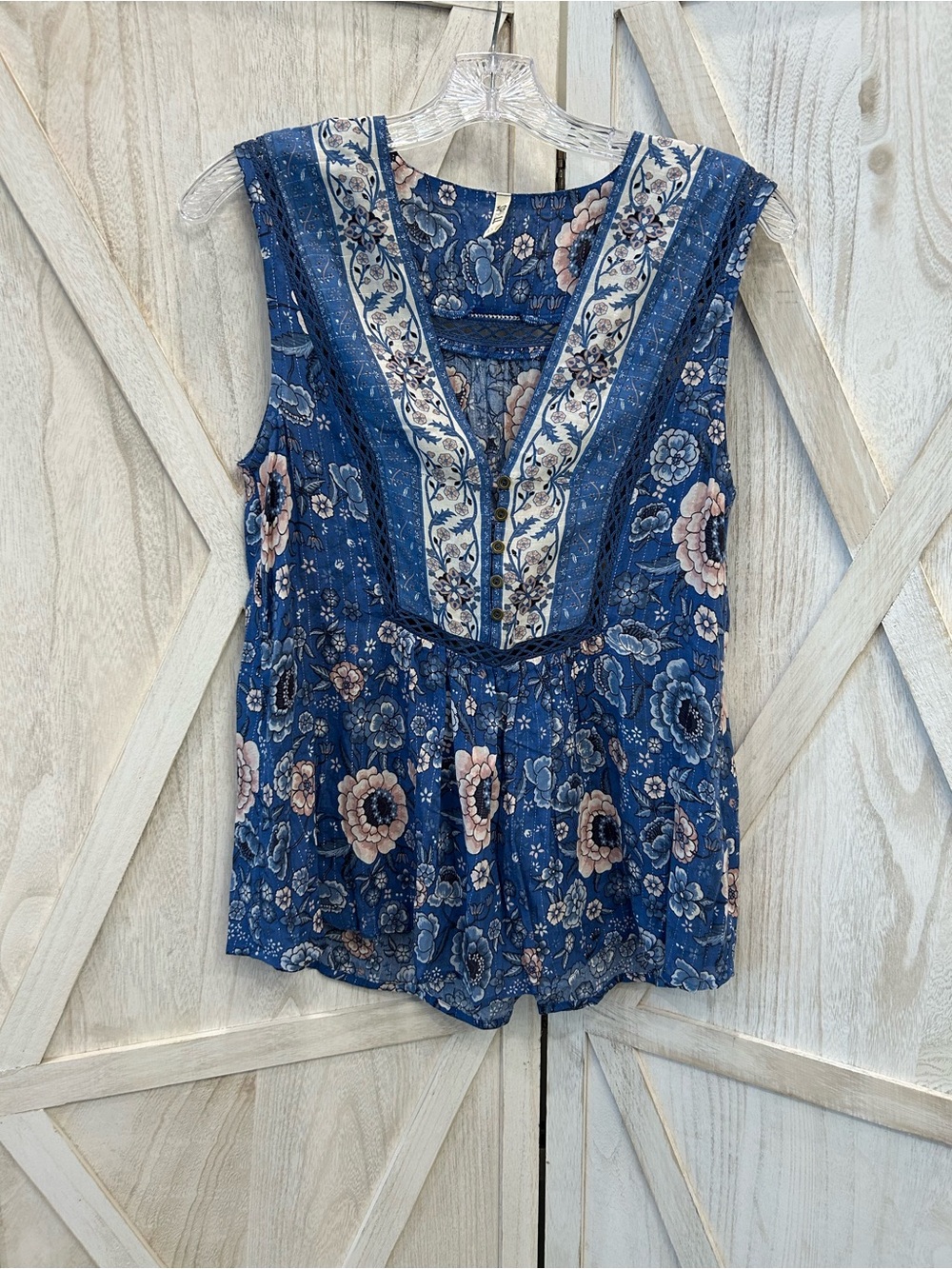Floral V-Neck Sleeveless Tank Top - Blue